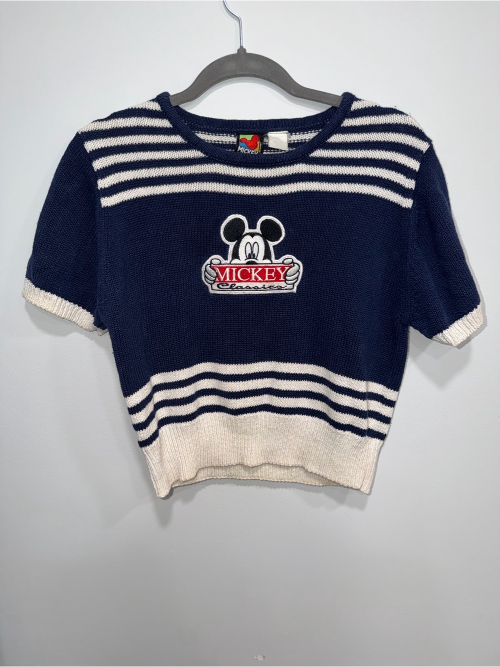 Disney Navy and White Mickey Cropped Knit Sweater